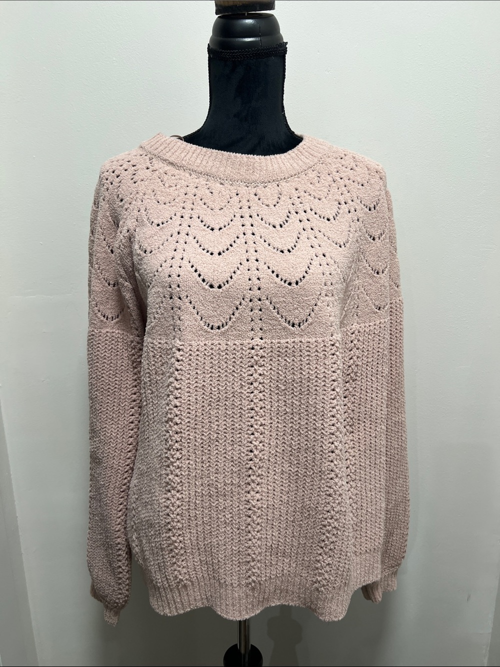 moon & madison Blush Pink Openwork Knit Crewneck Sweater